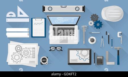 Engineer's desktop with work tools, computer and tablet Stock Vector