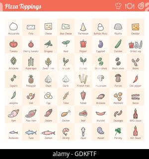 Pizza traditional toppings variety icons set for different recipes Stock Vector