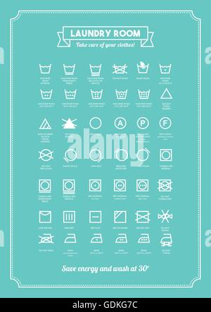 Laundry and washing clothes symbols with texts poster Stock Vector