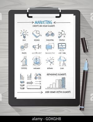 Hand drawn marketing icons and concepts on a sheet with clipboard and pen Stock Vector