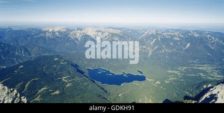 geography / travel, Germany, Bavaria, landscapes, Eibsee, view from Zugspitze towards the lake, Loisach Valley and Ammergau Alps, Stock Photo