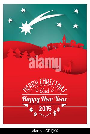 Merry Christmas card, winter christmas landscape vector drawing. Night ...
