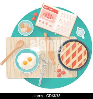 Kitchen worktop top view with utensils, open cookbook and cherry pie preparation Stock Vector