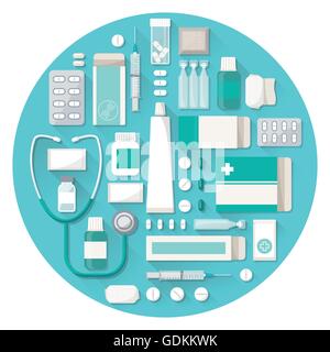 Pharmacy and medical treatment concept with pills, tablets, blisters and stethoscope in a circular shape Stock Vector