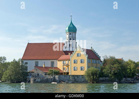 church and castle, Wasserburg, Lake Constance, Bavaria, Germany Stock Photo