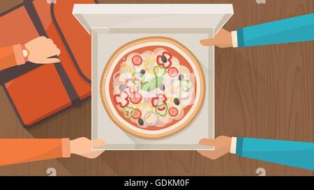 Pizza delivery service at home with delivery guy hading a box with pizza to a customer and holding a pizza bag, hands top view Stock Vector