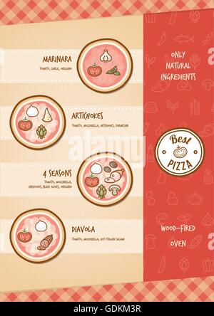 Pizza menu with different toppings and tastes Stock Vector