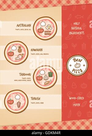 Pizza menu with different toppings and tastes Stock Vector