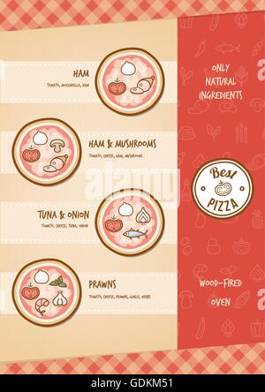 Pizza menu with different toppings and tastes Stock Vector