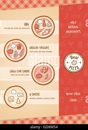 Pizza menu with different toppings and tastes Stock Vector