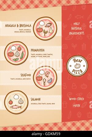 Pizza menu with different toppings and tastes Stock Vector