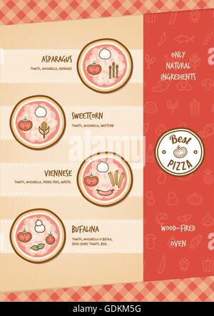 Pizza menu with different toppings and tastes Stock Vector