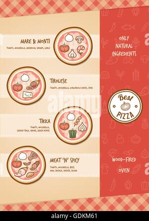 Pizza menu with different toppings and tastes Stock Vector