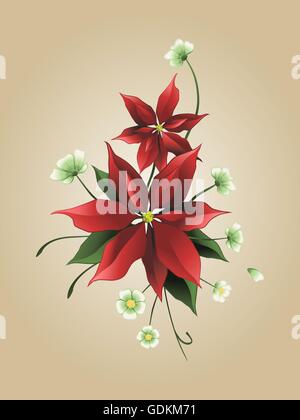 Red poinsettia flower on a sepia background, Christmas card Stock Vector