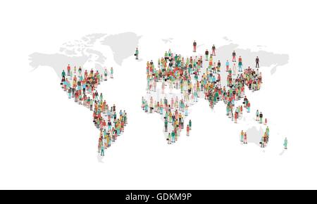 World population density map, with vector characters located in the most populated ares, white background Stock Vector