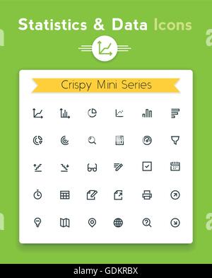 Vector line statistics data analysis and representation tiny icon set. Minimalistic crisp contour icons for the best recognition in small size use Stock Vector
