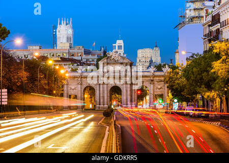 Madrid, Spain cityscape at Puerta de Alcala Gate and Calle de Alcala. Stock Photo