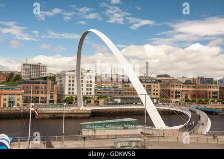 A view of the Newcastle Quayside featuring the Gateshead Millenium Bridge over the River Tyne Stock Photo