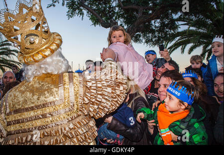 People receiving Three Wise Men, evening before the Three Wise Men´s day, Barcelona port, Barcelona, Catalonia, Spain Stock Photo