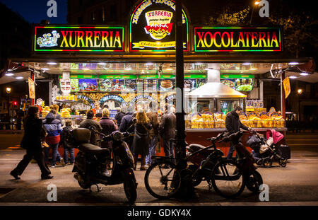Churreria in Gran Via de les Corts Catalanes, during Gran Via Christmas fair or Three Wise Men´s fair. Barcelona. Catalonia. Spa Stock Photo
