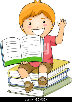 Illustration of a Little Boy Holding an Open Book While Raising His Hand Stock Photo