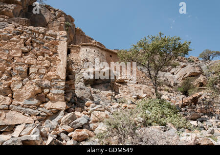 Ruins of old Omani stone houses, in Jebel Akhdar, Oman. Stock Photo