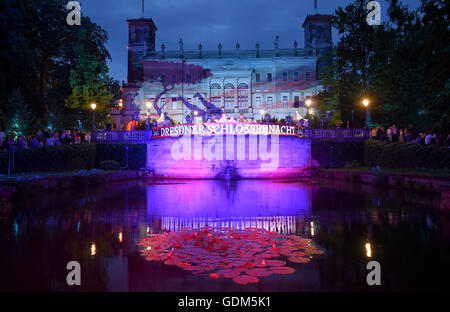 Dresden, Germany. 16th July, 2016. The Schloss Albrechtsberg is illumated at dusk at the 8th Schloessernacht (lt. Castle Night) in Dresden, Germany, 16 July 2016. Photo: Britta Pedersen/dpa/Alamy Live News Stock Photo