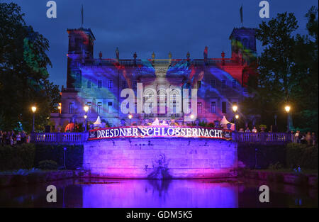 Dresden, Germany. 16th July, 2016. The Schloss Albrechtsberg is illumated at dusk at the 8th Schloessernacht (lt. Castle Night) in Dresden, Germany, 16 July 2016. Photo: Britta Pedersen/dpa/Alamy Live News Stock Photo