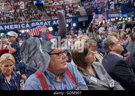 Cleveland, Ohio, USA. 18th July, 2016. Republican delegates during the first day of the Republican National Convention at the Quicken Loans Center July 18, 2016 in Cleveland, Ohio. Credit:  Planetpix/Alamy Live News Stock Photo