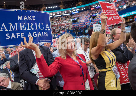 Cleveland, Ohio, USA. 18th July, 2016. Republican delegates applaud during the first day of the Republican National Convention at the Quicken Loans Center July 18, 2016 in Cleveland, Ohio. Credit:  Planetpix/Alamy Live News Stock Photo