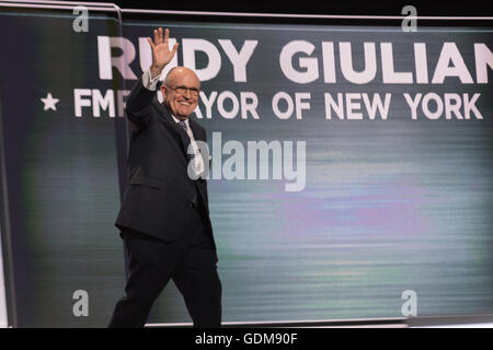 Cleveland, Ohio, USA. 18th July, 2016. Former New York Mayor Rudy Giuliani wavs as he walks on stage to speak during the first day of the Republican National Convention at the Quicken Loans Center July 18, 2016 in Cleveland, Ohio. Credit:  Planetpix/Alamy Live News Stock Photo