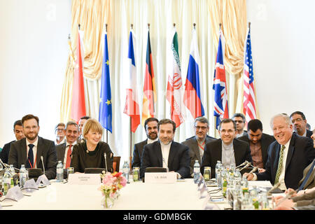 (160719) -- VIENNA, July 19, 2016 (Xinhua) -- Helga Schmid (2nd L, Front), Deputy Secretary General for Political Affairs of the European External Action Service, and Iranian Deputy Foreign Minister Abbas Araqchi (3rd L, Front) attend a meeting of the Joint Commission under the Joint Comprehensive Plan of Action on Iranian nuclear issue in Vienna, Austria, on July 19, 2016. Iran, the P5+1 (the five permanent members of the UN Security Council -- Britain, China, France, Russia and United States -- plus Germany), and the European Union held the meeting of the Joint Commission here on Tuesday. (X Stock Photo