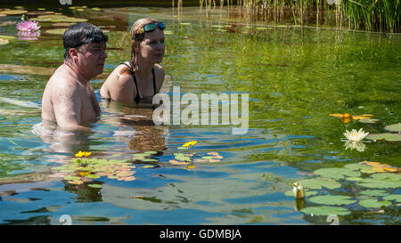 London, UK.  19 July 2016.  Local office workers on their lunch break, Sean and Evelyn, enjoy the cooling waters of King's Cross pond on the hottest day of the year so far, with temperatures expected to reach 35C in the capital.  The UK's first ever man-made fresh water public bathing pond is a piece of innovative Land Art, within a working construction site area of London's King's Cross designed by Ooze architects. © Stephen Chung / Alamy Live News Stock Photo