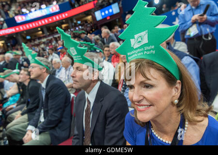 Cleveland, Ohio, USA. 19th July, 2016. Washington State delegates wear pine tree hats during the nomination of Donald Trump on the second day of the Republican National Convention July 19, 2016 in Cleveland, Ohio. The delegates formally nominated Donald J. Trump for president after a state by state roll call. Credit:  Planetpix/Alamy Live News Stock Photo