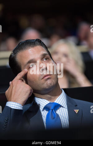 Don Trump, Jr., son of GOP Presidential nominee Donald Trump during the first day of the Republican National Convention at the Quicken Loans Center July 18, 2016 in Cleveland, Ohio. Stock Photo
