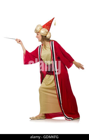 Woman wizard in red clothing isolated on white Stock Photo