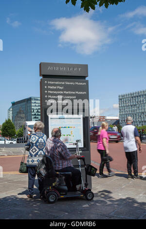 Tourist guiding information signs, signage tour map in Albert Dock, Liverpool UK. Top-Rated Tourist historical attractions & locations on waterfront visitor guide in the UNESCO World Heritage Site city centre. Stock Photo