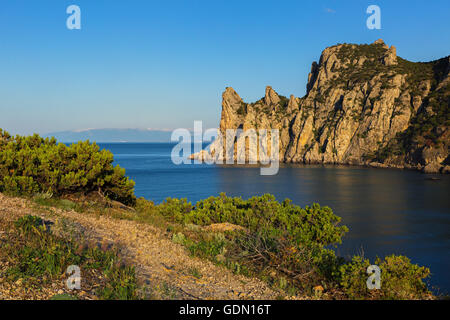 View of Blue bay and mount Karaul-Oba. Mountains in Crimea at Black sea. Stock Photo