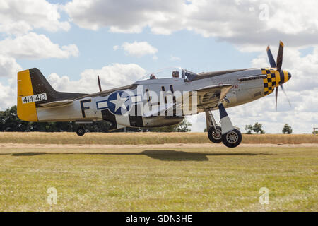 Restored airworthy P-51D Mustang American fighter aeroplane taking off at the hardwick warbirds janie which has since been wrecked in a crash Stock Photo