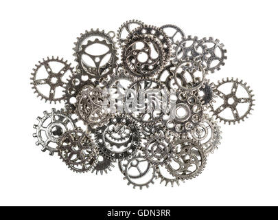 Pile of silver metal gears isolated on white. Stock Photo