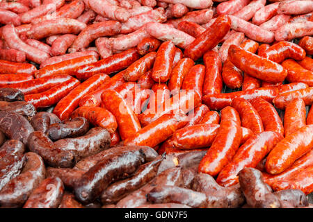 Sausage detail on a traditional craftsman market.Horizontal image. Stock Photo