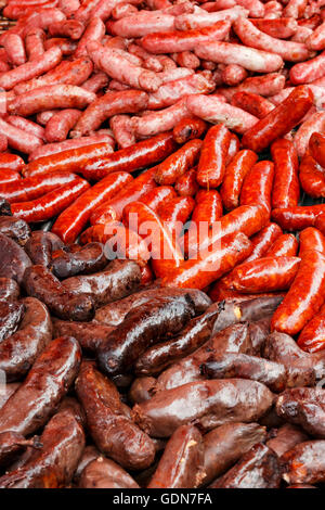 Sausage detail on a traditional craftsman market.Vertical image. Stock Photo