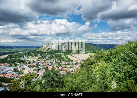 Braunsberg hill and Hainburg an der Donau, Austria. Travel destination. Cloudy sky and greenery. Beautiful place. Stock Photo