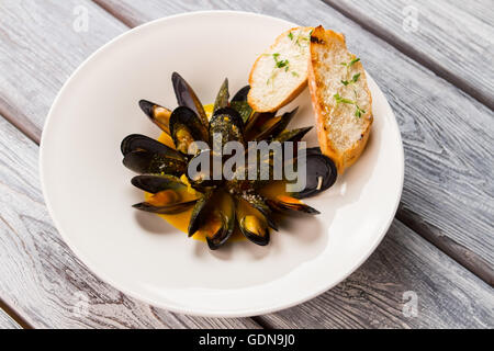 Cooked mussels with sauce. Stock Photo