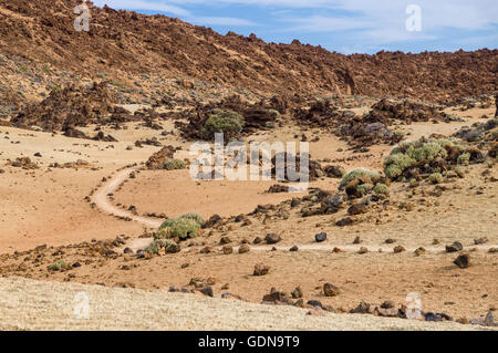 Winding hiking trail through volcanic landscape of Tenerife island, Spain Stock Photo