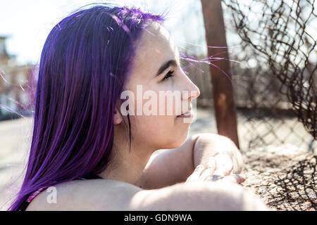 girl outside portrait with purple hair Stock Photo