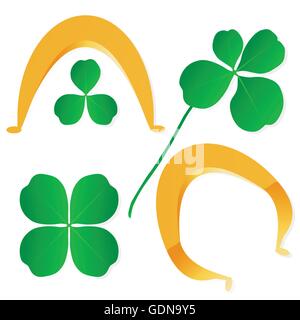 Four leaf clover shamrock luck vector and gold horseshoe background set Stock Vector