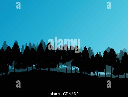 Forest trees silhouettes natural wild landscape detailed illustration ...