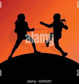 Fencing active young teenager sword fighting sport silhouettes vector abstract background illustration Stock Vector