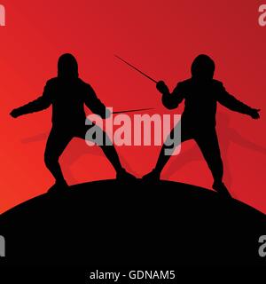 Fencing active young teenager sword fighting sport silhouettes vector abstract background illustration Stock Vector